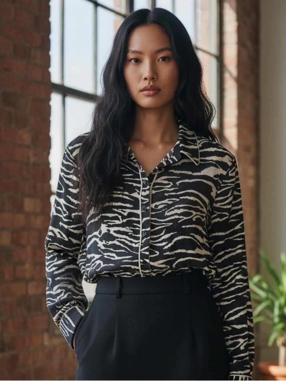 Rachel Zoe Black & Cream Zebra-Print Button-Front Blouse SZ M Casual Office EUC